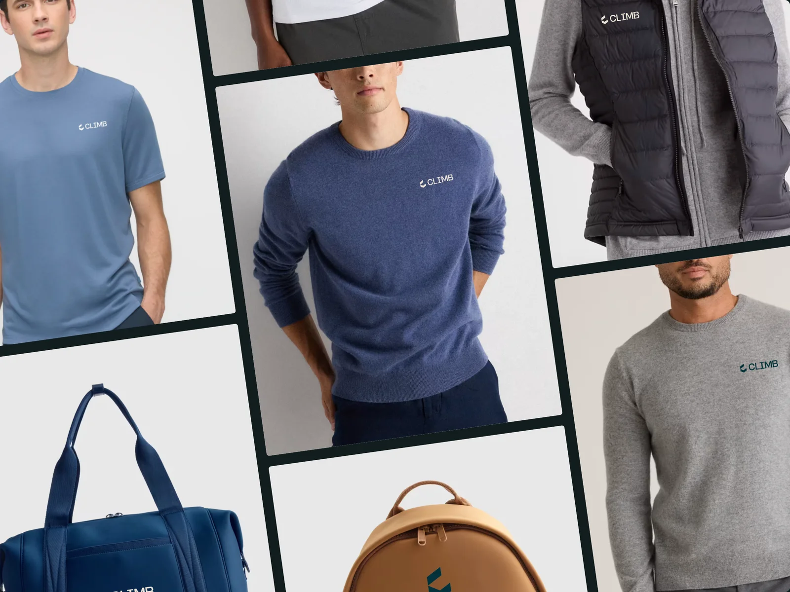 Climb Summit swag — tees, sweaters, a vest, duffel, and backpack, all with the Climb mark