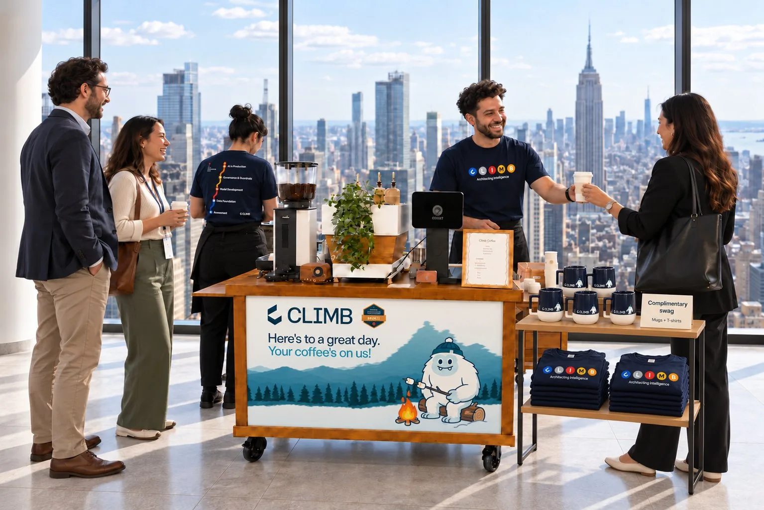 The Climb coffee cart with custom Climb mugs and t-shirts, and the Manhattan skyline behind it